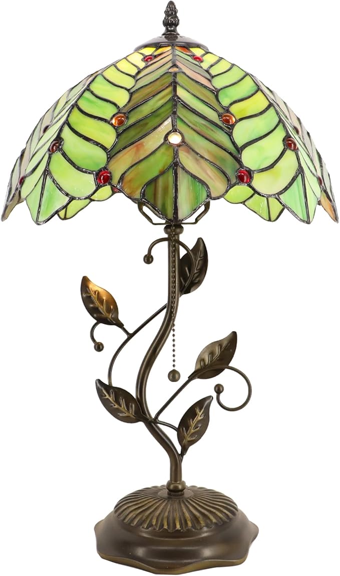 Tiffany Table Lamp, Stained Glass Desk Light, W12H19 Inch, Metal Leaf Base (Brown Green Leaf)