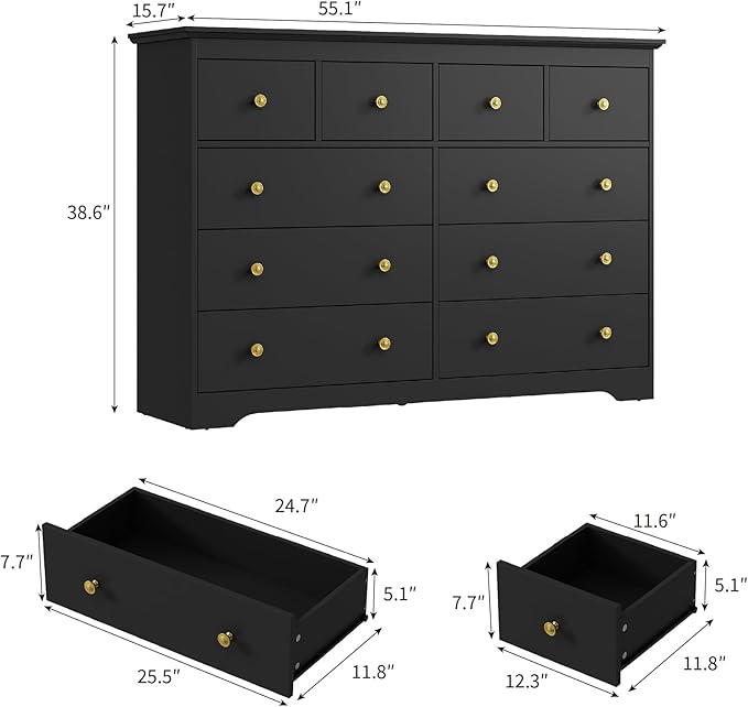 LYNSOM Modern 10 Drawer Dresser, 55.1" Wide Dressers & Chests of Drawers with Large Capacity Storage, Mid Century Black Dresser for Bedroom, Hallway, Black
