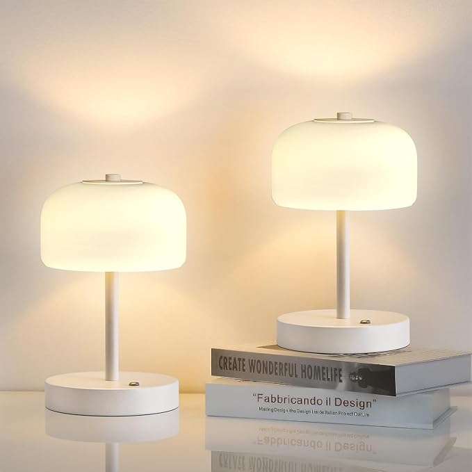 Oneach 9in Cordless LED Mushroom Table Lamp Touch 3 Way Dimmable Bedside Small Lamp Battery Operated Rechargeable Modern Nightstand Desk Lamp for Bedroom Living Room Restaurant White(2 Pack)