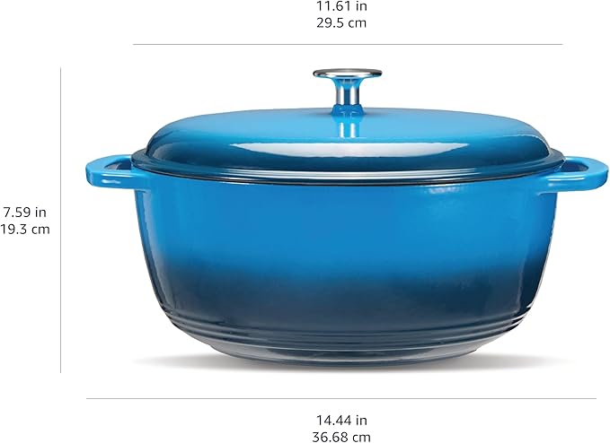 Amazon Basics Cast Iron Dutch Oven Pot with Lid, Enameled, Round, Dual Handles, Heavy-Duty, Large, 7.3-quart, Blue