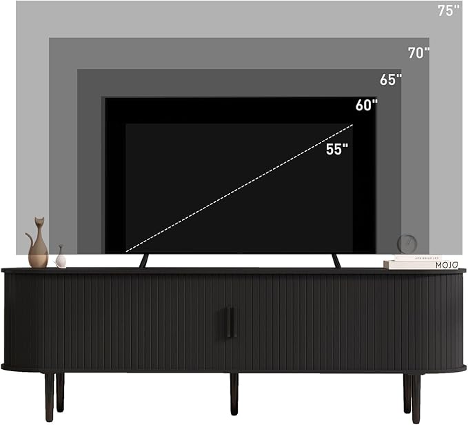 Bonzy Home Mid Century Modern TV Stand, Fluted Entertainment Center with Storage, Long Media Console TV Table for 65" 70" 75" TV, Black