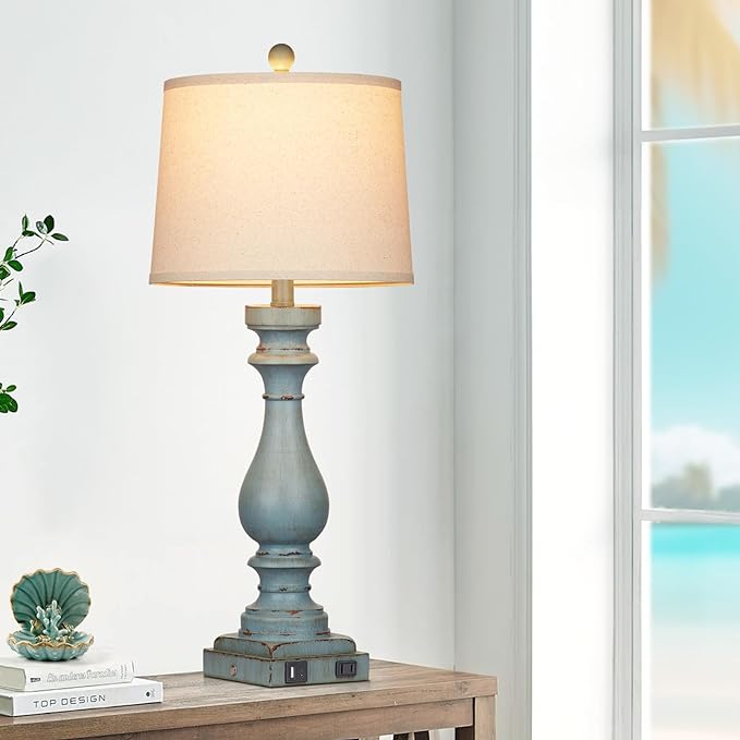 27.5" Tall Coastal Lamp,Retro-Blue Vintage Bedside Nightstand Lamps with USB Charging Ports A/C,3-Way Dimmable Touch Control Table Lamps for Bedroom Living Room,Single Blue