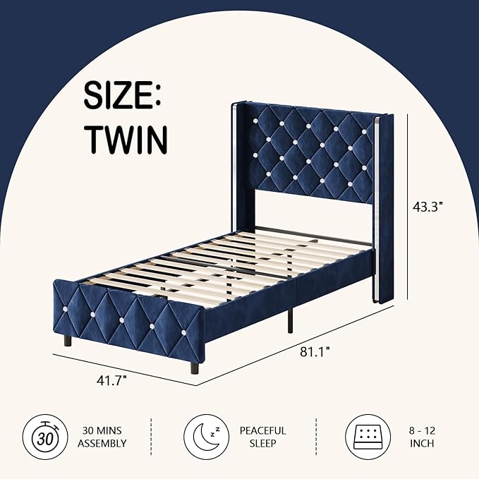 HOMBCK Twin Bed Frames, Upholstered Platform Bed with Diamond Tufted Headboard, Modern Velvet Bed Frame with Wingback Design, No Box Spring Needed, Easy Assembly, Blue