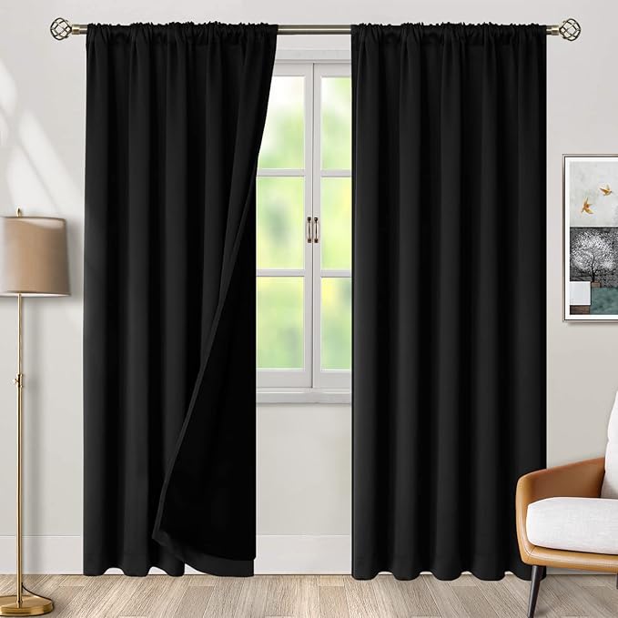 BGment Black Full Blackout Curtains with Thermal Insulation Liner Curtains 84 Inches Long, Rod Pocket and Back Tab Double Layer Room Darkening Window Curtain for Bedroom(42 x 84 Inch, 2 Panels)