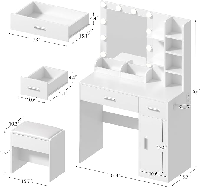 White Vanity Desk with Mirror and Lights, Makeup Vanity Desk with Lights 3 Colors, Dressing Table with 10 Bulbs, Power Outlet 2 Drawers Vanity Stool Makeup Table Set for Bedroom, Dressing Room