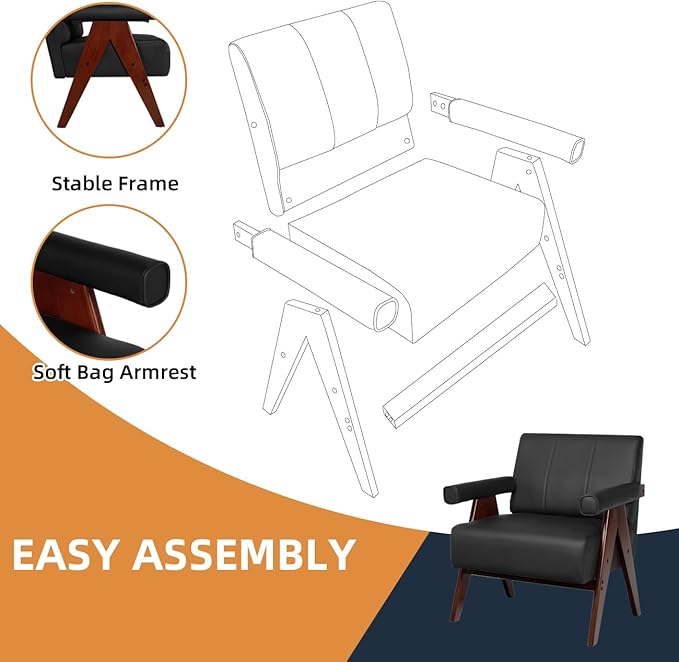 AODAILIHB Mid Century Modern Chairs Set of 2 Black Leather Accent Chair Wood Arms with Soft Bag Living Room Chairs with Thick Cushion Comfy Leisure Waiting Room Chairs Bedroom/Office (2, Black)
