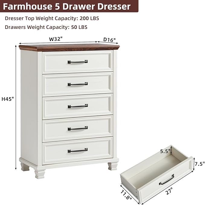 Farmhouse 5 Drawer Dresser for Bedroom, 45” Tall Dresser for Closet, Rustic Wooden Chests of Drawer for Bedroom, Hallway, Entryway, White