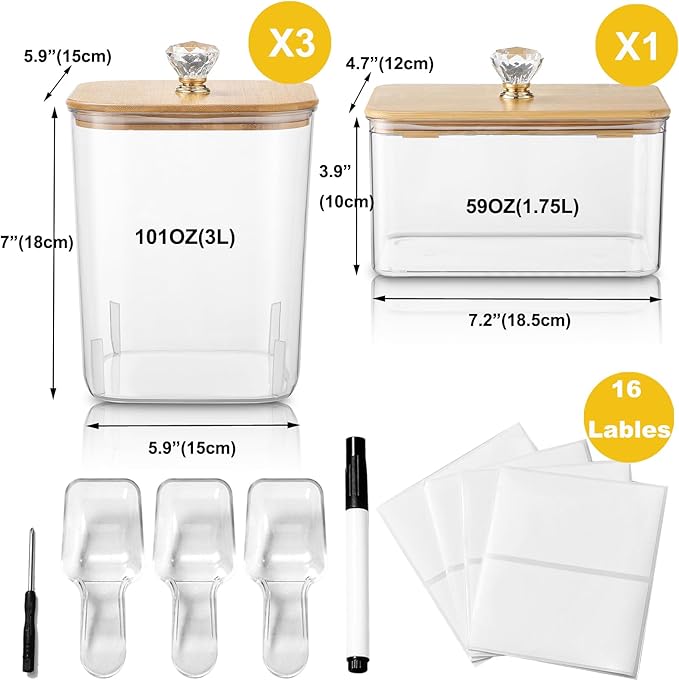 Large 4 Pack Laundry Pods Container & Laundry Powder Container, Plastic Laundry Room Organization and Storage Jars, Dryer Sheet Holder with Lid, Scoops, 16 Labels