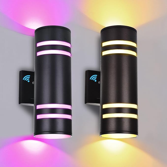 Smart RGB Outdoor Wall Lights, 2 Pack Front Porch Light Fixtures, Cylinder Up and Down Lights Outdoor Wall Sconce, Exterior Lighting Fixture Compatible with Google Assistant Alexa