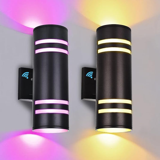 Smart RGB Outdoor Wall Lights, 2 Pack Front Porch Light Fixtures, Cylinder Up and Down Lights Outdoor Wall Sconce, Exterior Lighting Fixture Compatible with Google Assistant Alexa