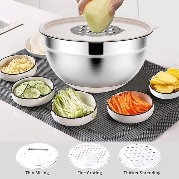 Mixing Bowls Set with Airtight Lids: 20PCS Stainless Steel Nesting Bowls - Size 7, 4, 3, 2, 1.5, 1QT Bowls with 3 Grater Attachments & Non-Slip Bottoms for Baking & Prepping
