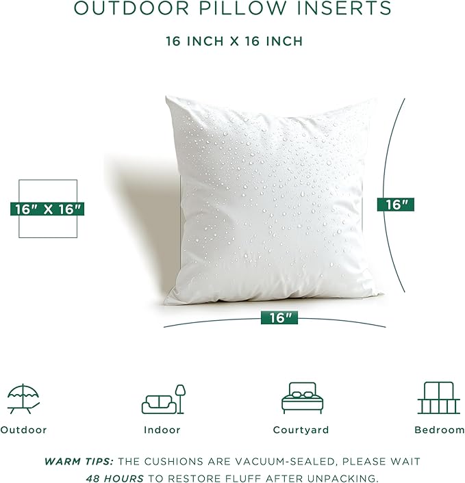 Codi Outdoor Pillow Inserts 16x16 Set of 4, Throw Pillows Waterproof for Patio Furniture