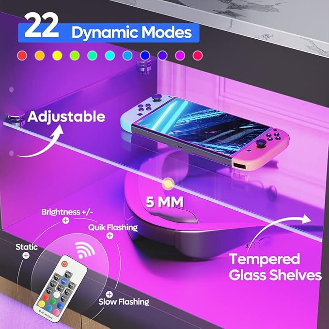 Bestier White Marble TV Stand LED Entertainment Center Gaming TV Stand for 55 Inch TV RGB Television Stand with 2 Adjustable Glass Shelves Xbox PS4 Game Console Cabinet for Living Room