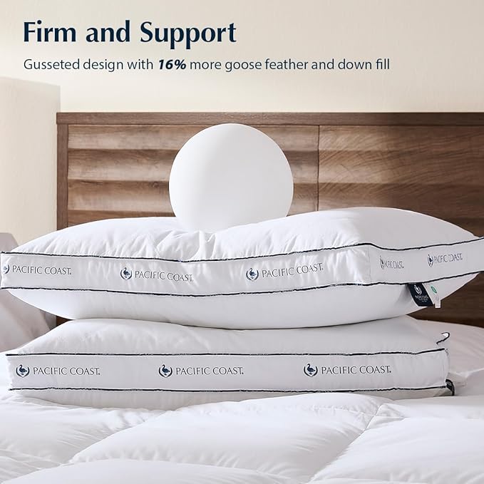 Pacific Coast Gusseted Bed Pillows for Side Sleepers and Back Sleepers, Goose Feather and Down Firm Pillows with 100% Cotton Shell, King Size Set of 2, Supportive Gusseted Pillows for Sleeping