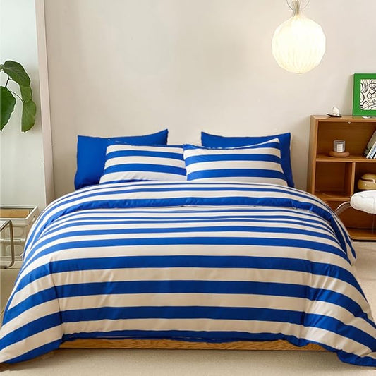 CLOTHKNOW Striped Comforter Set California King 3Pcs Blue White Bedding Comforter Sets Blue White Stripes Comforter Blue Comforter Men Women Comforter All Season Lightweight Bed Set Cal King