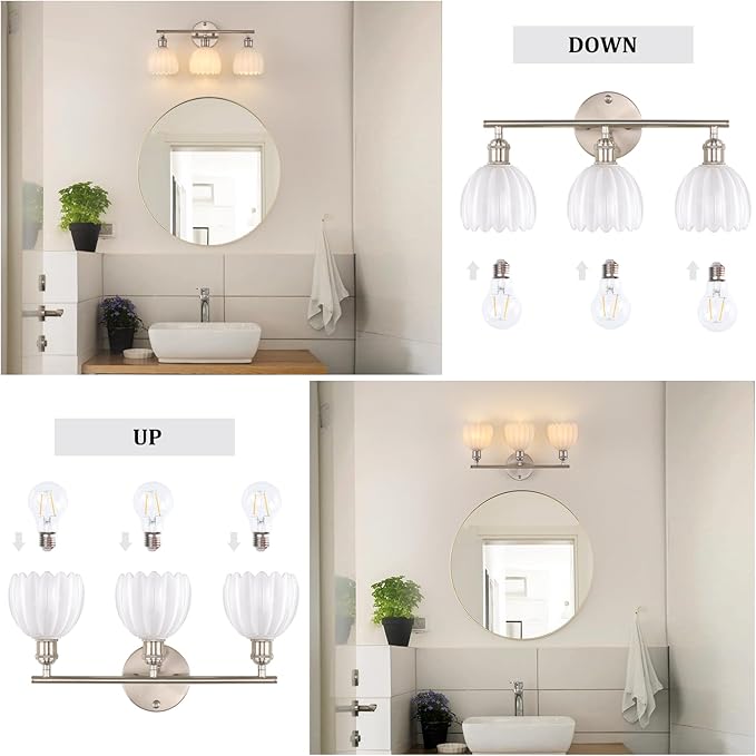 Bathroom Light Fixtures, 3-Light Vanity Wall Light Over Mirror with White Tulip Glass Shade for Bedroom Living Room, Satin Nickel