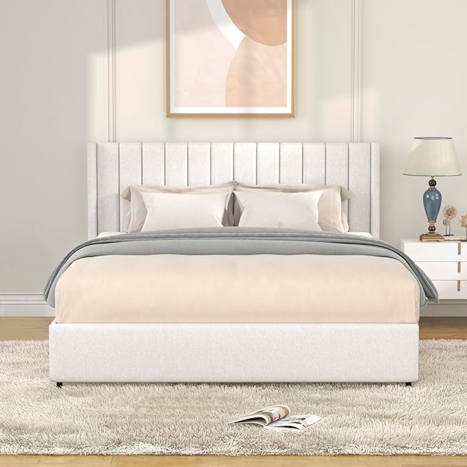 GDFStudio Upholstered Bed with Storage,Queen Size Platform Bed Frame with 4 Drawers Tufted Headboard, Wooden Slat Mattress Support No Box Spring Needed Easy Assembly, Ivory Boucle