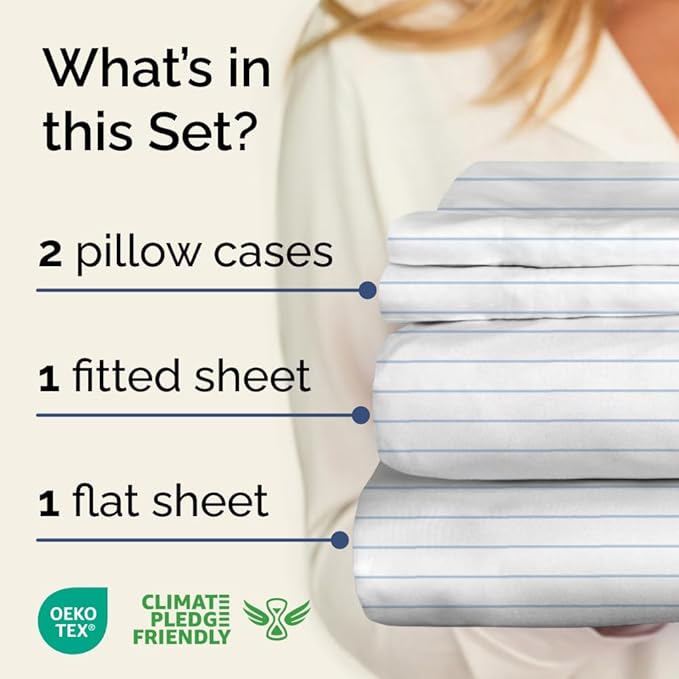 Sky Blue and White Striped Sheets - 1 Flat & 1 Fitted Sheet & 2 Pillowcases w/ Deep Pockets - Wrinkle & Fade Resistant - Ultra-Soft, Breathable & Cooling - Pinstripe Patterned Bed Set - Full Size