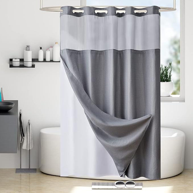 Furlinic No Hook Shower Curtain with Snap in Fabric Liner Set,Waffle Weave Heavy Duty Bathroom Curtain with See Through Window,Waterproof & Machine Washable,Hotel Style,Light Grey,71x75 Inch