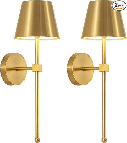 KDG Cordless Wall Sconces Set of 2, Wireless 5200mAh Rechargeable Battery LED Wall Lamps, Wall Lightings for Wall Painting, Outdoor, Garden, Living Room, Bedside, Hallway, Gifts, Night Light (Gold)