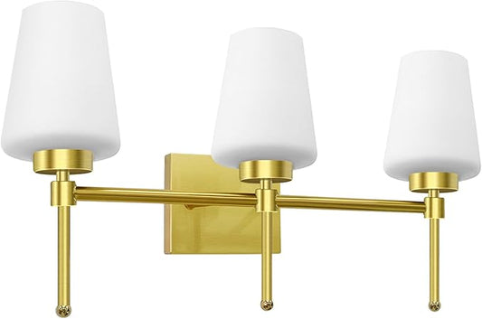 Bathroom Vanity Light Fixtures Brushed Brass Over Mirror with Milk Glass Shade Wall Sconce Lighting Lamp Bath 3-Lights (Exclude E26 Bulb)