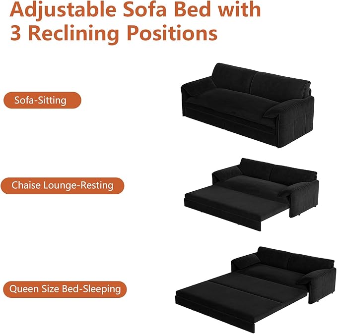 66-Inch Queen Size Convertible Sleeper Sofa Bed, 3-in-1 Pull-Out Futon Loveseat, Velvet Love Seat Couch with Side Pocket for Living Room, Office, Apartment, RV, Hide-A-Bed Fold Out Sofa&Couch