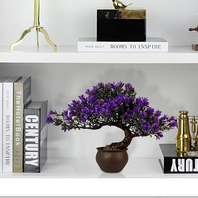 Artificial Bonsai Tree - Fake Plants for Home Decor, Bookshelf Coffee Table Office Desk Bathroom Farmhouse Indoor Decor, 9.5" Tall, Purple