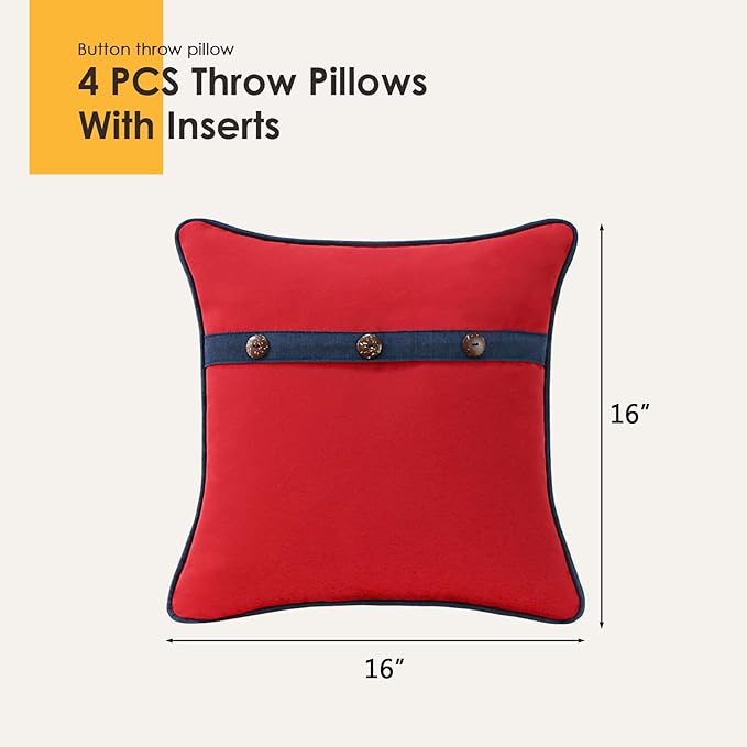 Outdoor Sunbrella Decorative Pillows with Triple Coconut Buttons Pack of 4, 16" x 16" Outdoor Pillow Set for Couch Bed Throw Patio Sofa, Canvas Logo Red/Specrtum Indigo