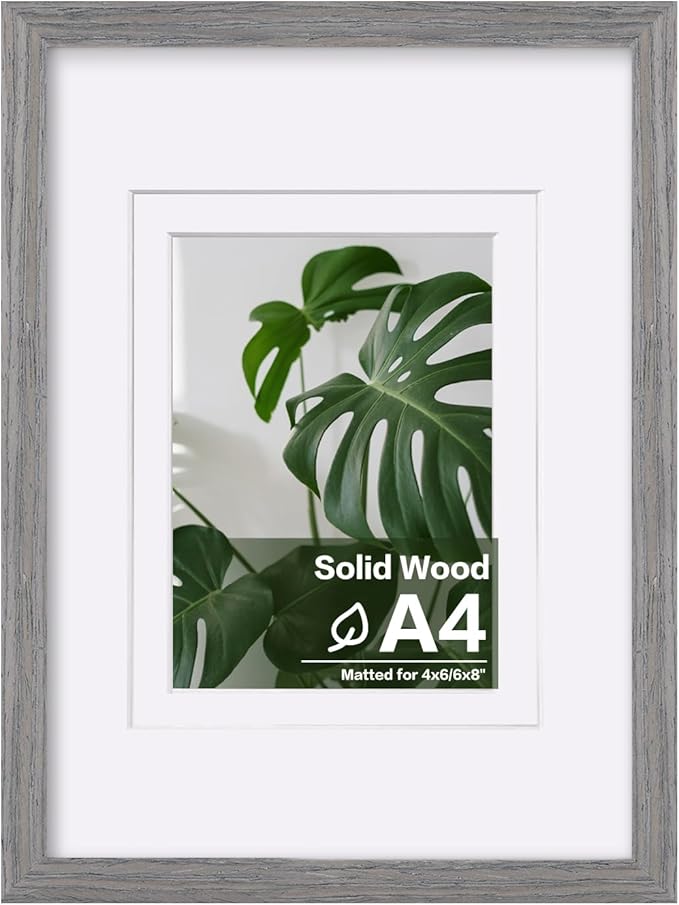 Egofine A4 Picture Frame Made of Solid Wood with Plexiglass, Display Pictures 4x6/6x8 with Mat or A4 Without Mat for Tabletop and Wall Mounting, Oak Grey
