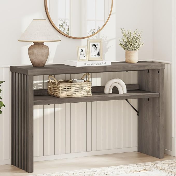 BON AUGURE Sofa Console Table, Wood Entryway Table, Grey Behind Couch Tables with Open Storage, Modern Narrow Hallway Tables (Greige Oak, 47 Inches)