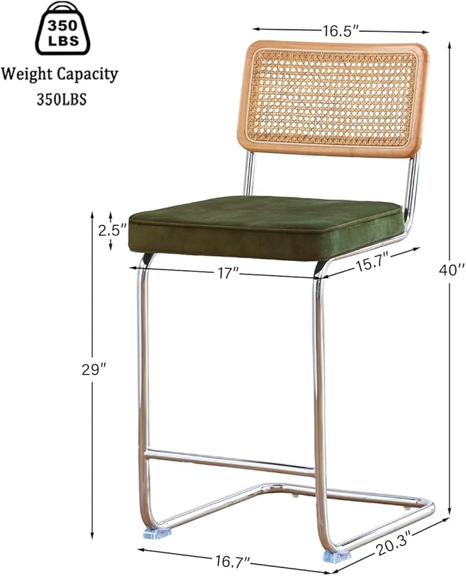 Natural Rattan Bar Stools Set of 3 with Solid Wood Back, 29 Inch Mid Century Modern Counter Height Stools, Green Upholstery Boho Stool for Kitchen Counter with Chrome Metal Legs