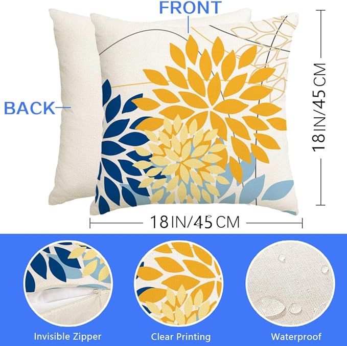 RABUSOFA Outdoor Pillow Covers 18x18 Inch Set of 2 Yellow Blue Flower Decorative Waterproof Spring Summer Floral Outdoor Cushion Covers for Patio Funiture Garden Couch Decor