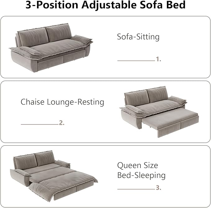73.2-Inch Queen Size Convertible Sleeper Sofa Bed, 3-in-1 Pull-Out Futon Loveseat, Velvet Futon Couch with 2 Soft Pillows for Living Room, Office, Apartment, RV, Hide-A-Bed Fold Out Sofa&Couches
