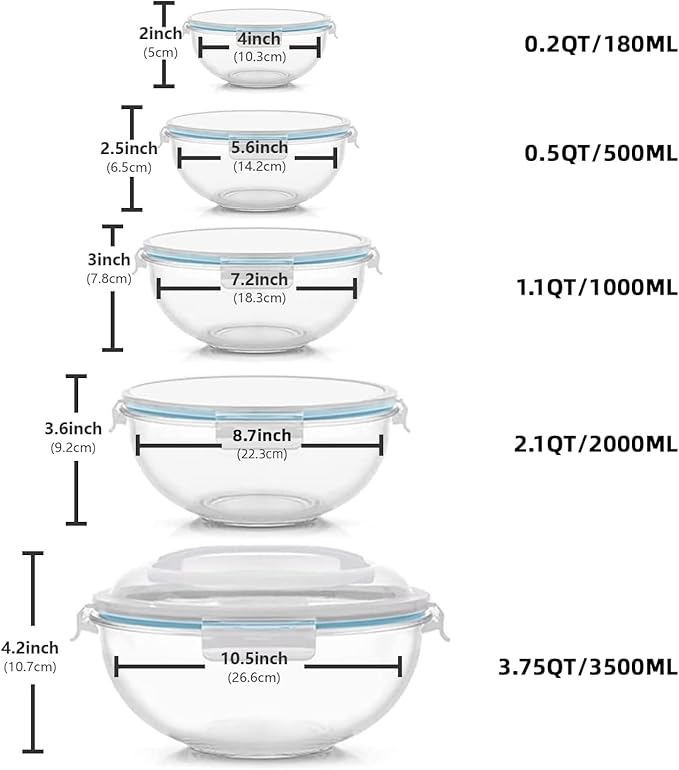 WhiteRhino Glass Mixing Bowl with Lids Set of 5, 0.2, 0.5, 1.1, 2.1, 3.75 QT, Large Salad Bowls with BPA-Free Lids, Space-Saving Nesting Bowls for Kitchen Food Storage, Glass bowl for Cooking, Baking