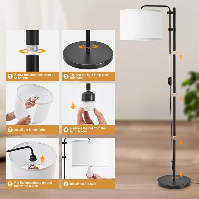 GyroVu Floor Lamp for Living Room, Adjustable Height Standing Lamps with 350° Rotate White Lampshade, 67.5-Inch Modern Tall Lamp Dimmable Floor Lamps for Corner Bedroom Home Office (Bulb Included)