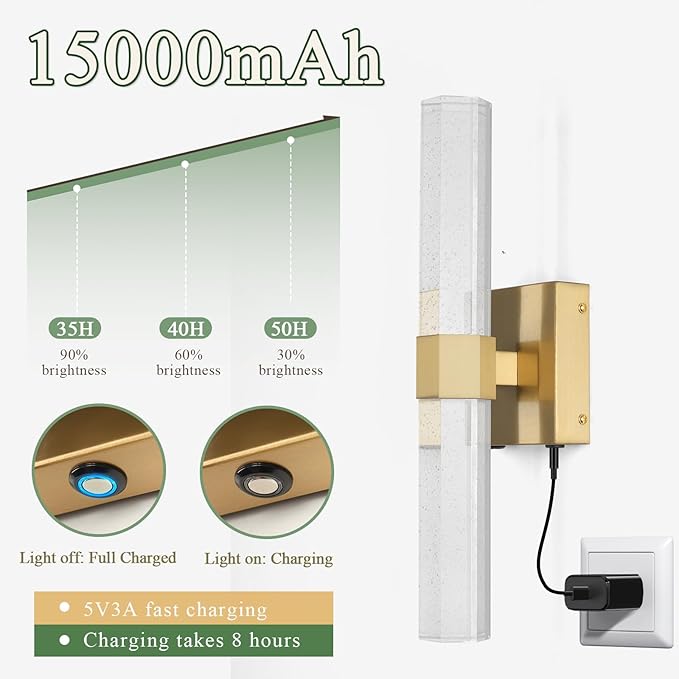 Battery Operated Crystal Wall sconces Set of 2,Rechargeable Modern Vanity Light Fixtures, 3000K-6000K Dimmable Gold LED Wireless Wall Lights for Bathroom Bedroom Living Room Hallway(2 Pack)
