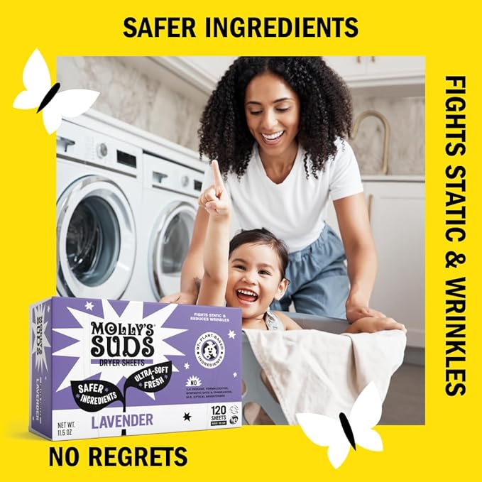 Molly's Suds Fabric Softener Dryer Sheets for Sensitive Skin | Plant-Based Static Reducer, Plastic-Free Packaging | Bundle of 2, Lavender (240 Sheets Total)