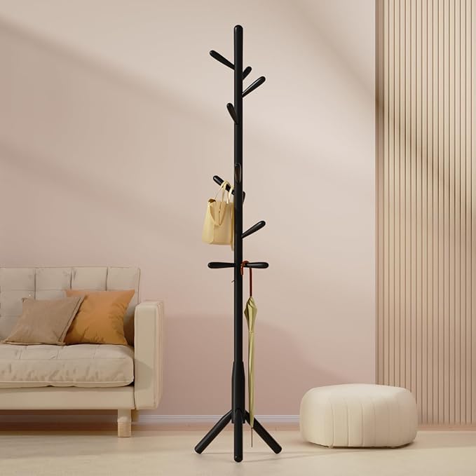 Solid Wood Coat Rack, Freestanding Tree-Shaped Coat Rack with 11 Hooks, Main Pole 1.6" dia for Clothes, Hat Stand Used in Bedroom/Office/Entryway (3-Leg Base, Black)