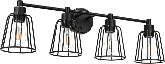XiNBEi Lighting Farmhouse Vanity Light for Bathroom, 4 Light Industrial Bathroom Lighting Fixtures Over Mirror in Matte Black Finish, Vanity Lights with Cage Shade XB-W1287-4-MB
