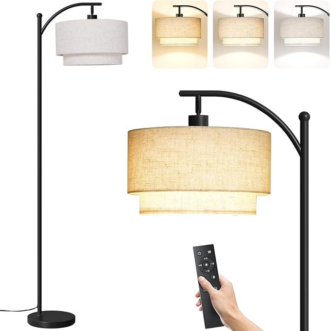SUNMORY Floor Lamps for Living Room with 12W Remote and Dimmable Bulb, LED Arc Lamp, Modern Floor Lamps with Adjustable Double Fabric Shades, Tall Standing Lamp for Bedroom, Corner, Home Decor