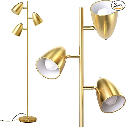 addlon Tree Floor Lamp with 3 Adjustable Rotating Lights and Matching LED Bulbs, Standing Tall Pole Lamps for Living Room, Bedroom, Home, Office - Brass Gold