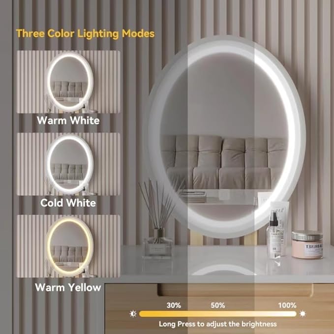 ARTETHYS Small Makeup Vanity Desk with 3 Adjustable Lighted Mirror and Chair, 24 Inch Vanities Set with Drawer Wooden Frame Dressing Table for Mini Space