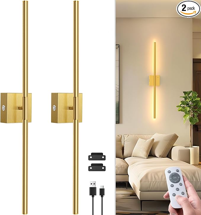 NIORSUN 28 Inch Battery Operated Wall Sconce Set of 2, 360° Rotation Gold Rechargeable Wall Lights with Detachable Tube and Remote, 3CCT Dimmable Wireless Wall Lamp for Living Room Bedroom Hallway