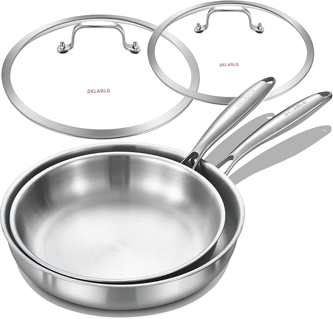 DELARLO Tri-ply Stainless Steel Kitchen Cookware Frying Pan Set with Lid 10.5" 12.5" Induction large Skillets Chef's Pan,Pots and Pans Set Kitchen Cookware Set Suitable for All Stove