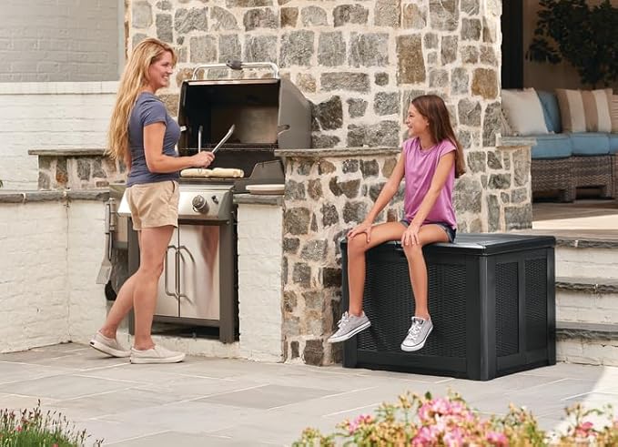 Rubbermaid Medium Resin Outdoor Storage Deck Box (74 Gal) Weather Resistant Brown Deck Organization for Home/Backyard/Pool Chemicals/Toys/Garden Tools/Porch/Patio Cushions