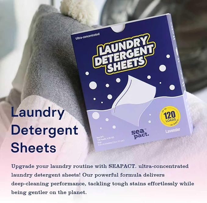 Laundry Detergent Sheets Up to 120 Loads, Biodegradable, Hypoallergenic, Lavender Scent, Plastic Free, Washer Soap Sheets, Zero Waste, Quick Dissolve, 60 sheets, Easy to storm house, dorm, Travel