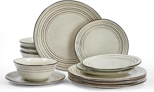 Famiware Twilight Plates and Bowls Sets 12-Piece Stoneware Dinnerware Sets, Dishes Set for 4, Hand-made Reactive Glaze Dish Set, Terre-verte