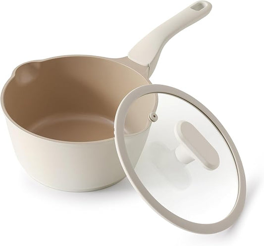 Ceramic Nonstick Saucepan with Lid, 2.7 Quart Non Toxic Pot with Pour Spouts, Full Coated, 100% Dishwasher Safe, Induction Compatible & Oven Safe, PTFE PFAS & PFOA Free, Coconut White