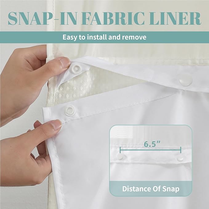 Cream Extra Long No Hook Waffle Weave Shower Curtain with snap-in Liner Replacement, 230GSM Waterproof Fabric Hotel Shower Curtain Set for Bathroom, Through Mesh Top Window,71Wx86H