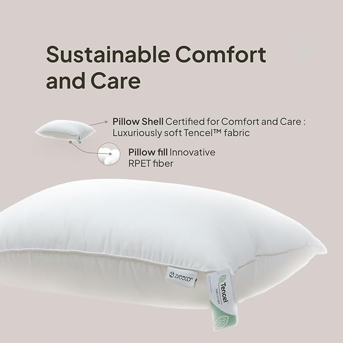 100% Tencel™ Lyocell Pillow & Pillowcase Set, Organic, Non Toxic, Hypoallergenic, Moisture-Wicking, Fluffy Pillows for Bed, Eucalyptus Fiber Cooling, Soft, 700 Fill Power - Standard - 20X26